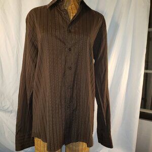 thirty-six red Mens Brown Striped Dress Shirt - L - Long Sleeve - Button Down